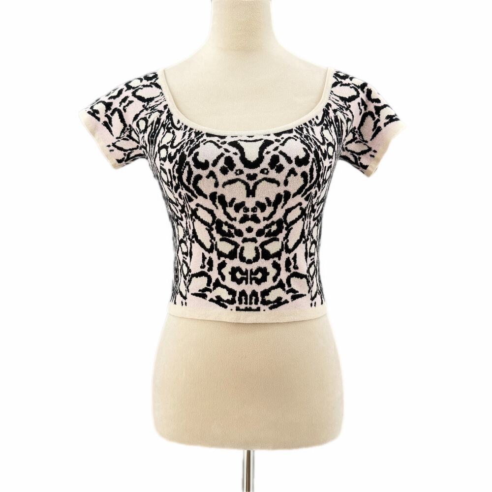 Lucy Paris NEW Cream Black Animal Print Short Sleeve Cropped Knit Chic Sweater